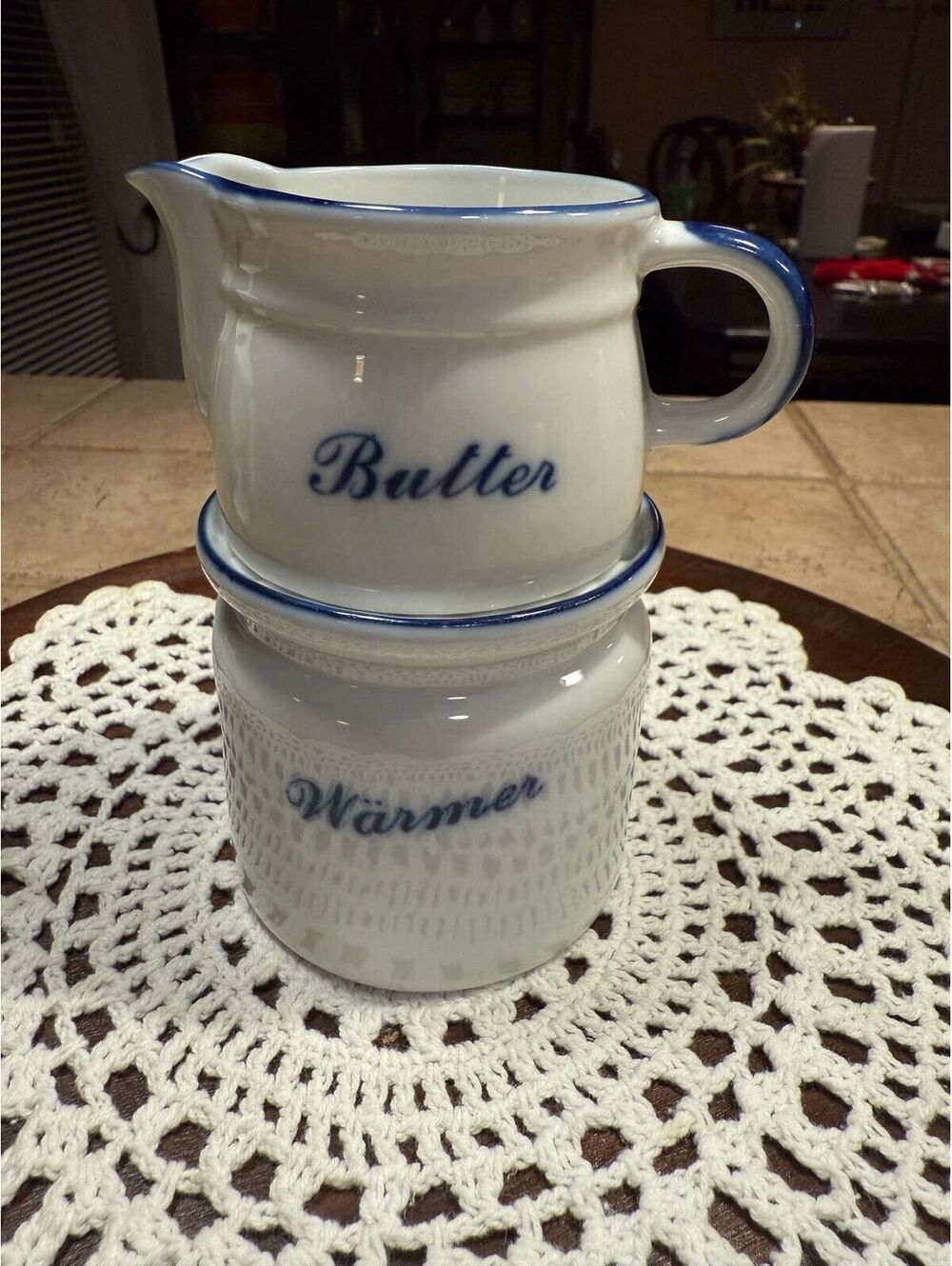 3. Glazed Pottery Butter WARMER Blue & White unmarked Vintage